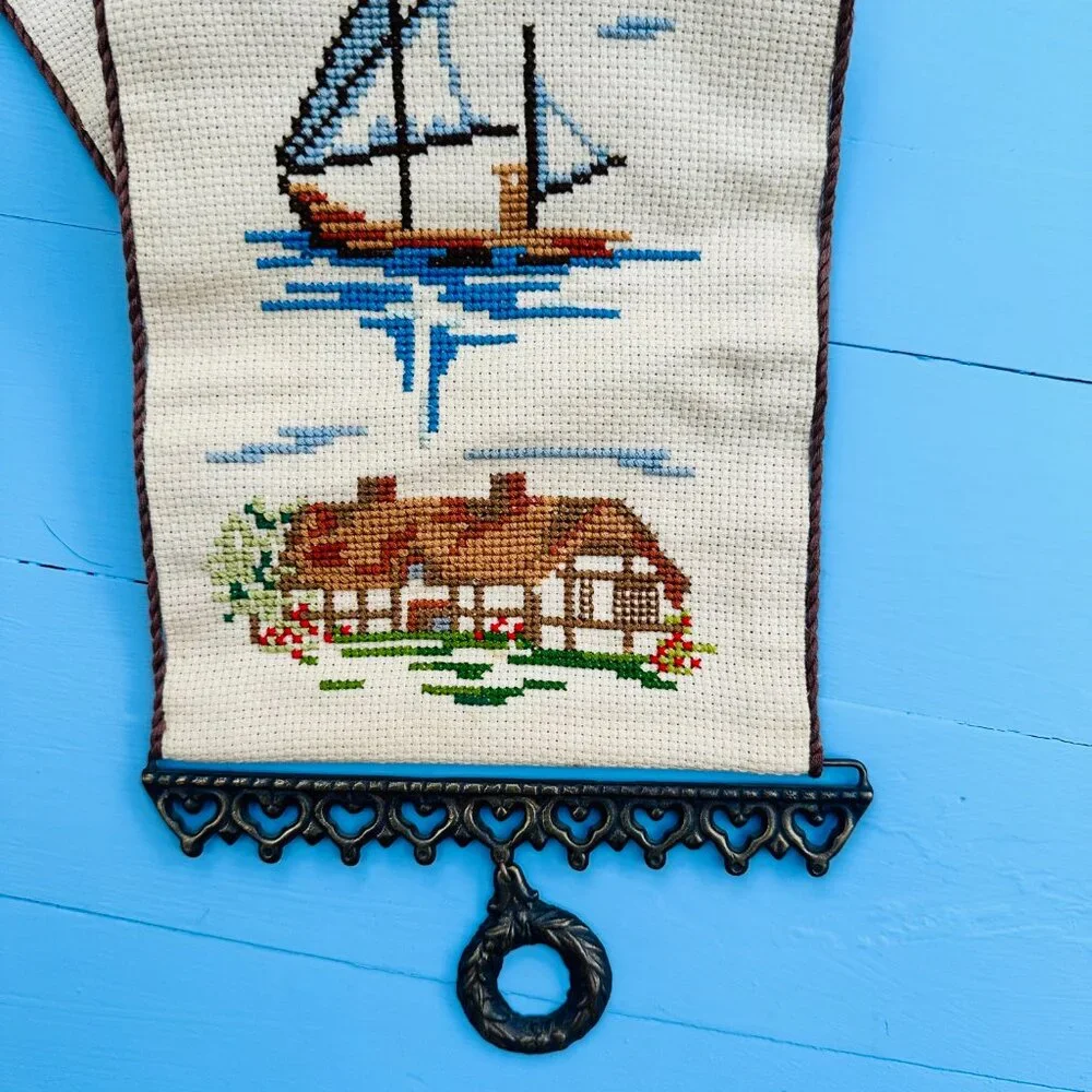 Vintage Embroidered Wall Hanging Tapestry Windmill Sailboat European Scenic 42